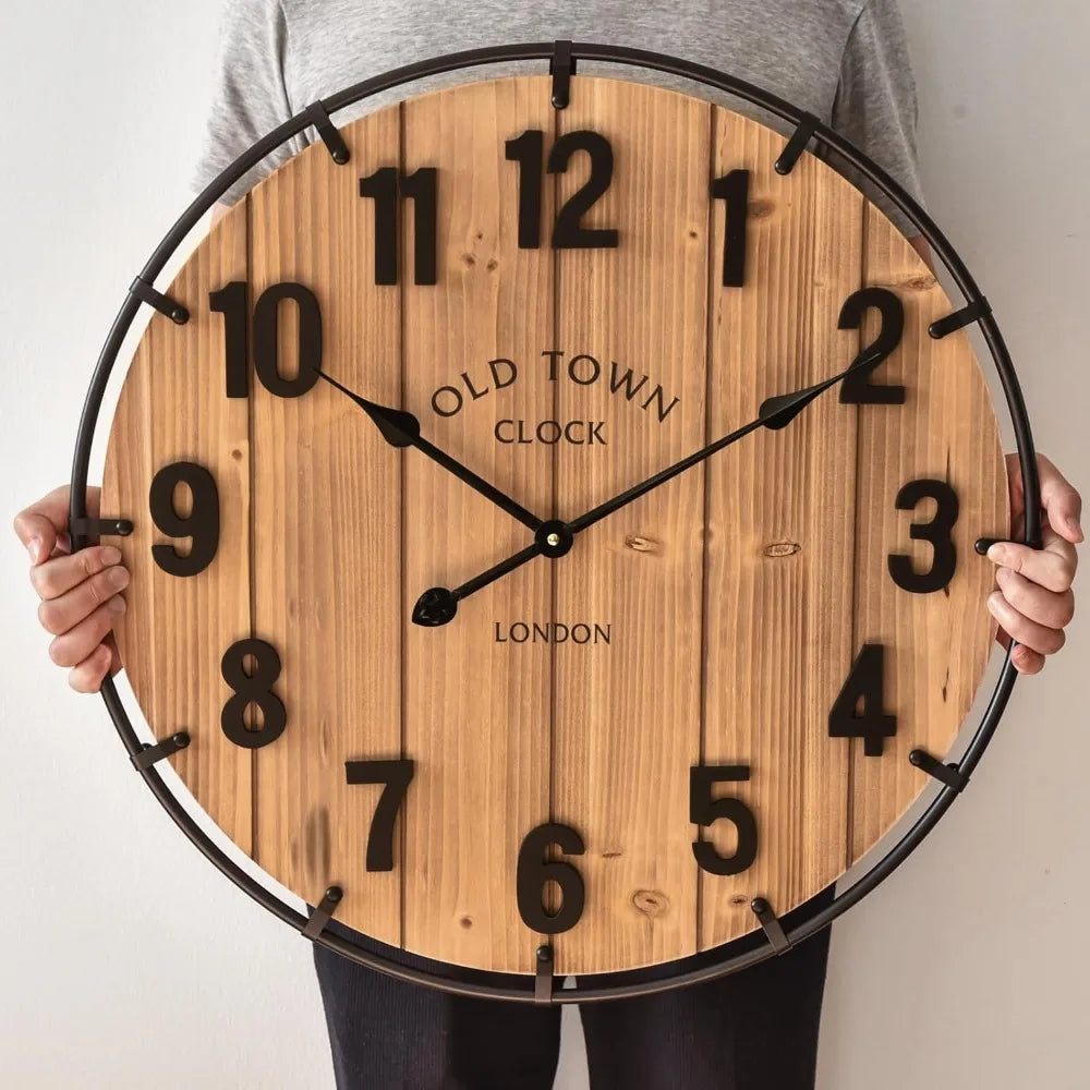 24 Inch Rustic Farmhouse Wall Clock, Silent Battery Operated, Large Numerals, Wood & Metal, for Living Room, Kitchen, Office