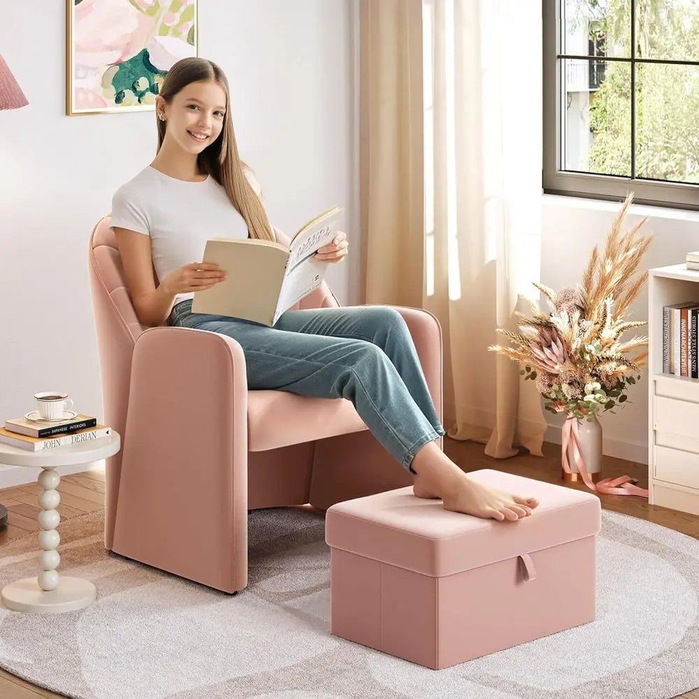 Small Barrel Accent Chair with ootrest Set o 2, Velvet ern Comy Cute Elegant Reading Chairs with Lumbar Pillow Storage Box or Li