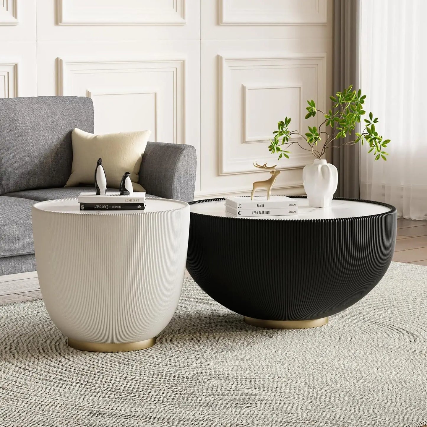 Round Grey 2-Piece Coffee Table Set 29.5in & 17.7in Sintered Stone Top Fluted PU Leather Base Living Room, Customized