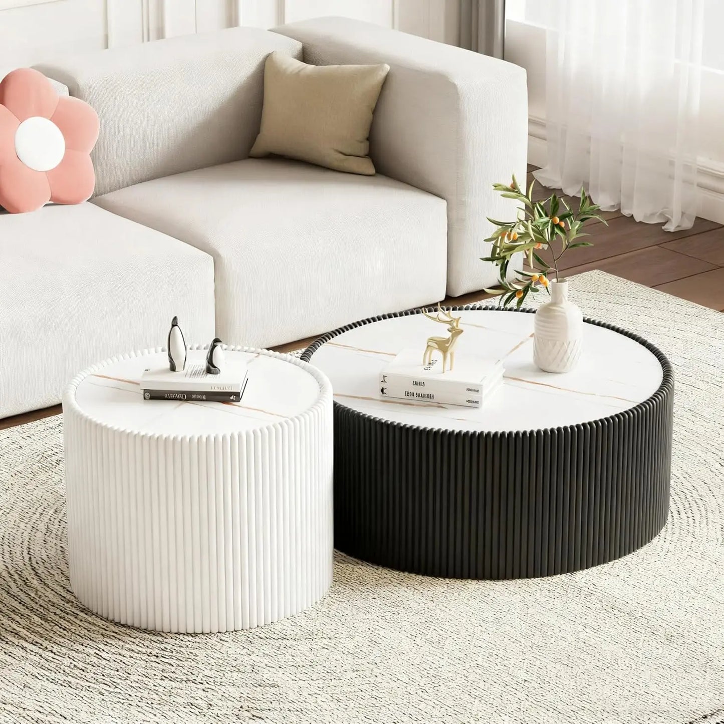 Round Grey 2-Piece Coffee Table Set 29.5in & 17.7in Sintered Stone Top Fluted PU Leather Base Living Room, Customized