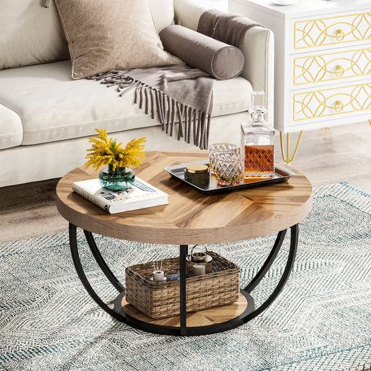 31.7" Round Coffee Table, Industrial 2-Tier Circle Coffee Table with Storage Shelves, Modern Wooden Sofa Side Table