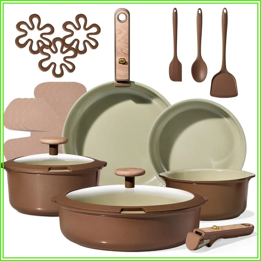 Nonstick Ceramic Cookware Set 19 Pcs, Detachable Handle, Induction & Oven Safe, PFAS Free, Pistachio Green