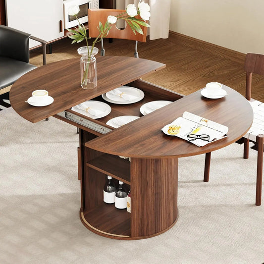 43"-59" Extendable Round to Oval Dining Table with Hidden Storage, Modern Wooden Kitchen Table with Fluted Sliding Door, Custom