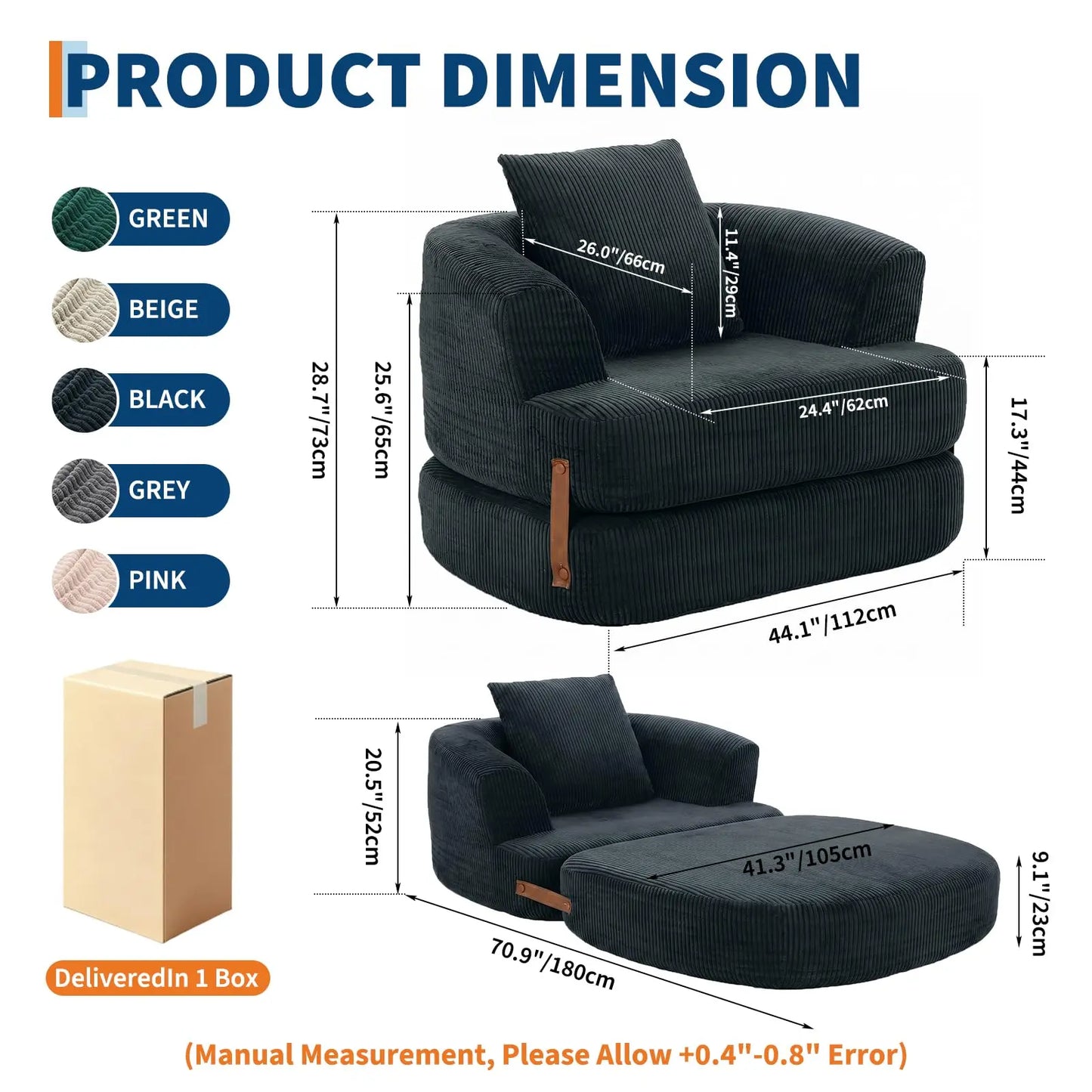 Folding Sofa Bed with Backrest & Handle, 3-in-1 Convertible Bean Bag Chair to Floor Sofa Lounger, Boneless Fold Out Couch Bed with Handle Comfy Fold Out Couch for Bedroom and Living Room