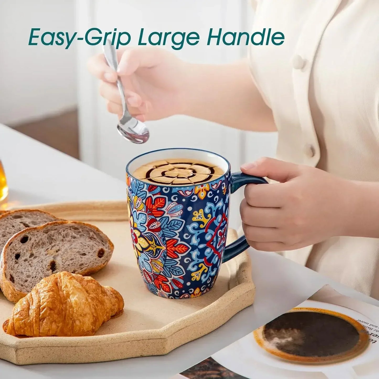 16 oz Coffee Mugs Set of 6, Large Ceramic Mug with Handle, Boho Coffee Cups for Latte, Cappuccino & Hot Chocolate, Dishwasher &