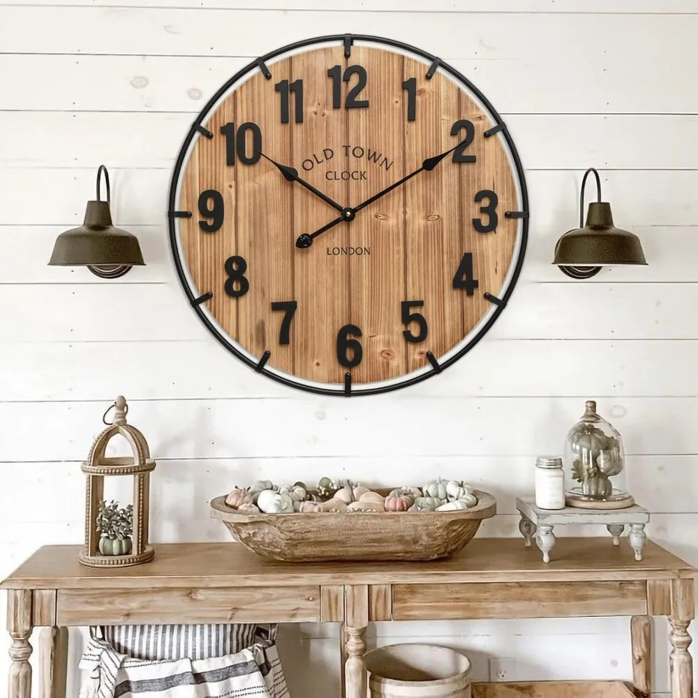 24 Inch Rustic Farmhouse Wall Clock, Silent Battery Operated, Large Numerals, Wood & Metal, for Living Room, Kitchen, Office