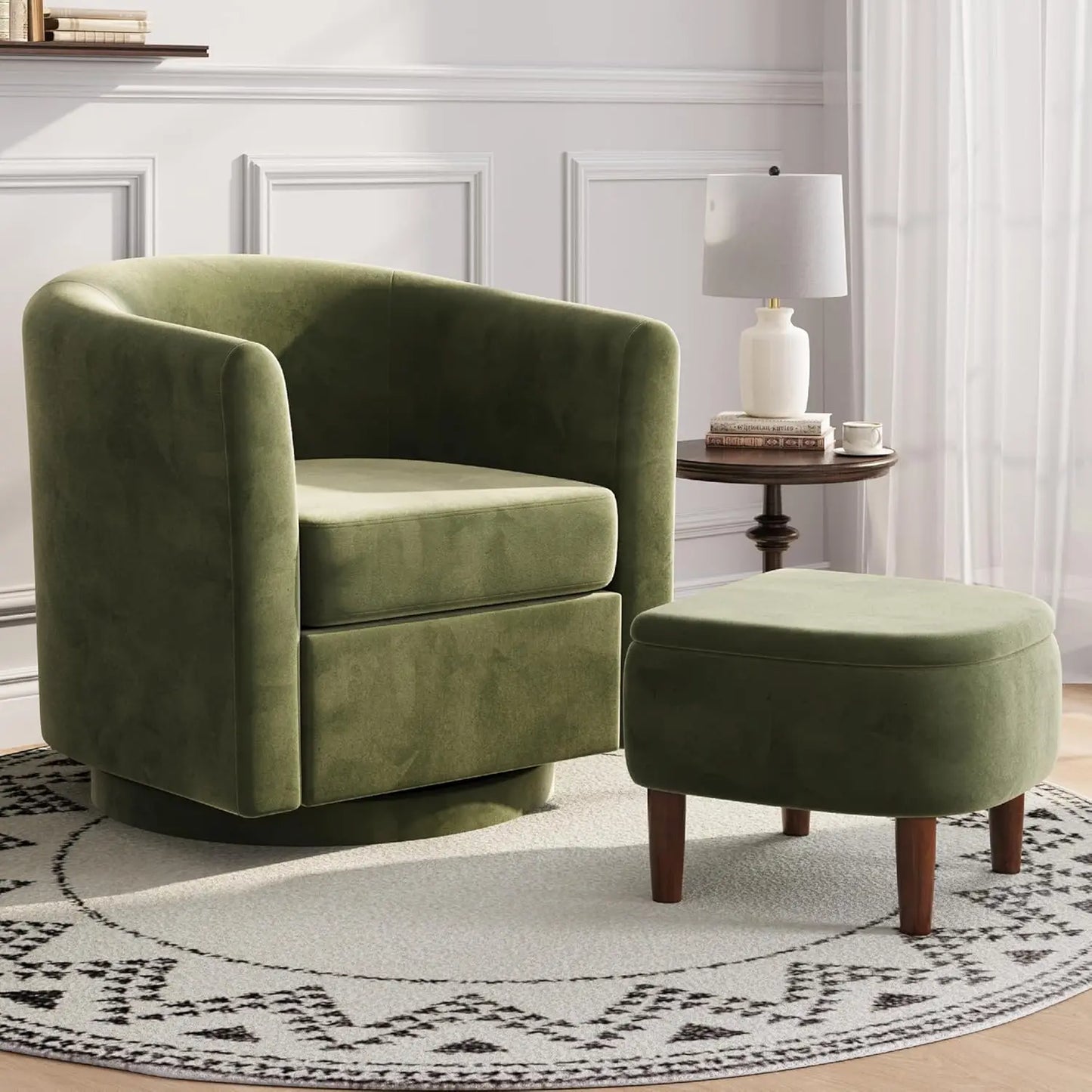 Swivel Accent Chair with Storage Ottoman, Small Modern Velvet Barrel Chair, Upholstered Armchair with Footrest for, Customized