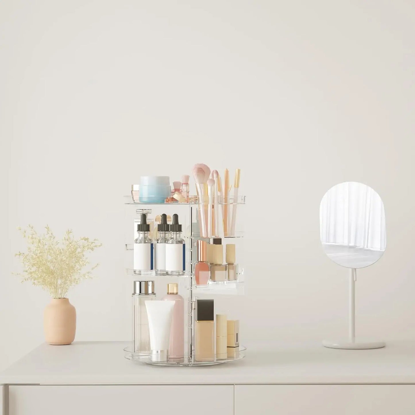 Rotating Makeup Organizer, DIY 8 Adjustable Layers Spinning Skincare Storage, Cosmetic Display Case with Brush Holder and Perfum