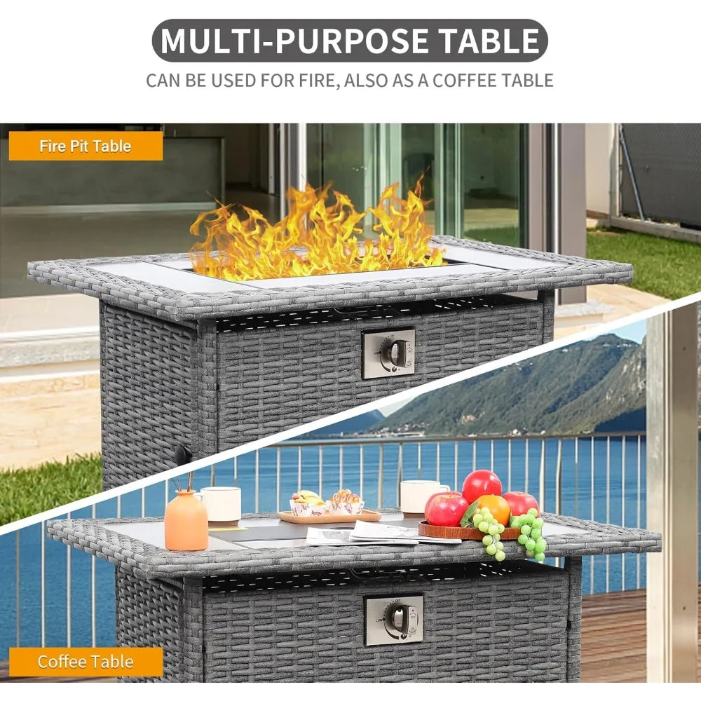 60000 BTU Wicker Gas Fire Pit Outdoor Fire Pit Table 45 Inch for Outside with Woodgrain Marble Tabletop Fire Pit Cover