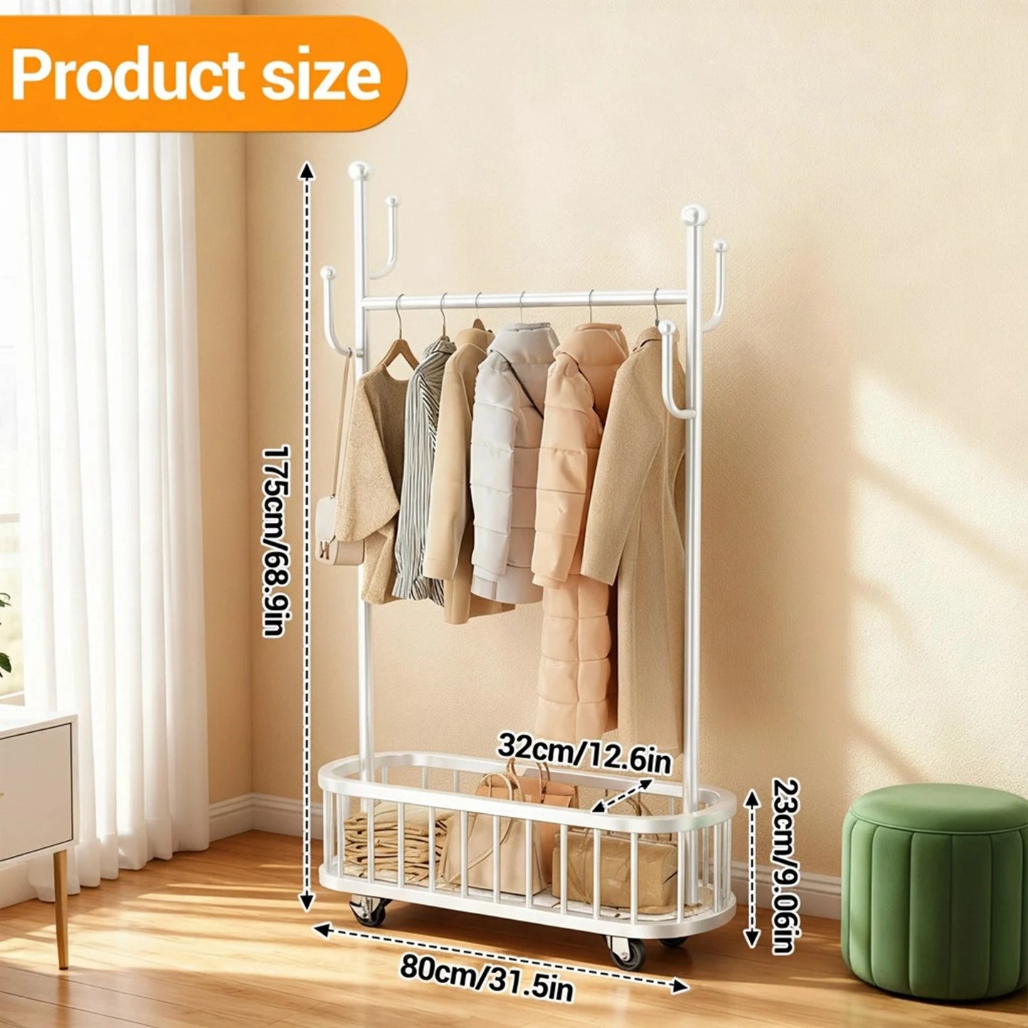 Clothes Rail Movable Clothes Hanging Coat Rack with Storage Basket for Hanging Clothes Coats Dresses for Bedroom Closet Laundry