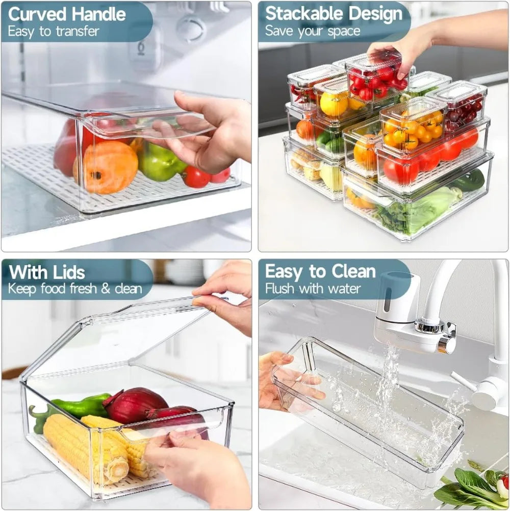 14 Pack Fridge Organizers with Lids, BPA-Free Clear Storage Bins for Vegetables, Fruits, Drinks, Cereals - 3 Sizes Stackable
