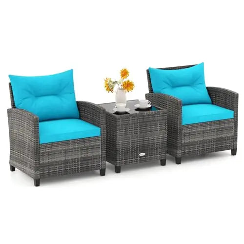 Patio Furniture, 3 Pieces Outdoor Wicker Conversation Set Chairs with Soft Cushions and Glass Coffee Table, Rattan
