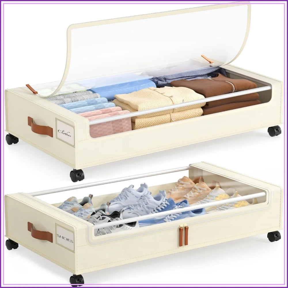 2 Pack Under Bed Storage with Wheels, 60L Clear Lid Bins, Rolling Metal Drawers for Clothes, Blankets, Shoes, Beige