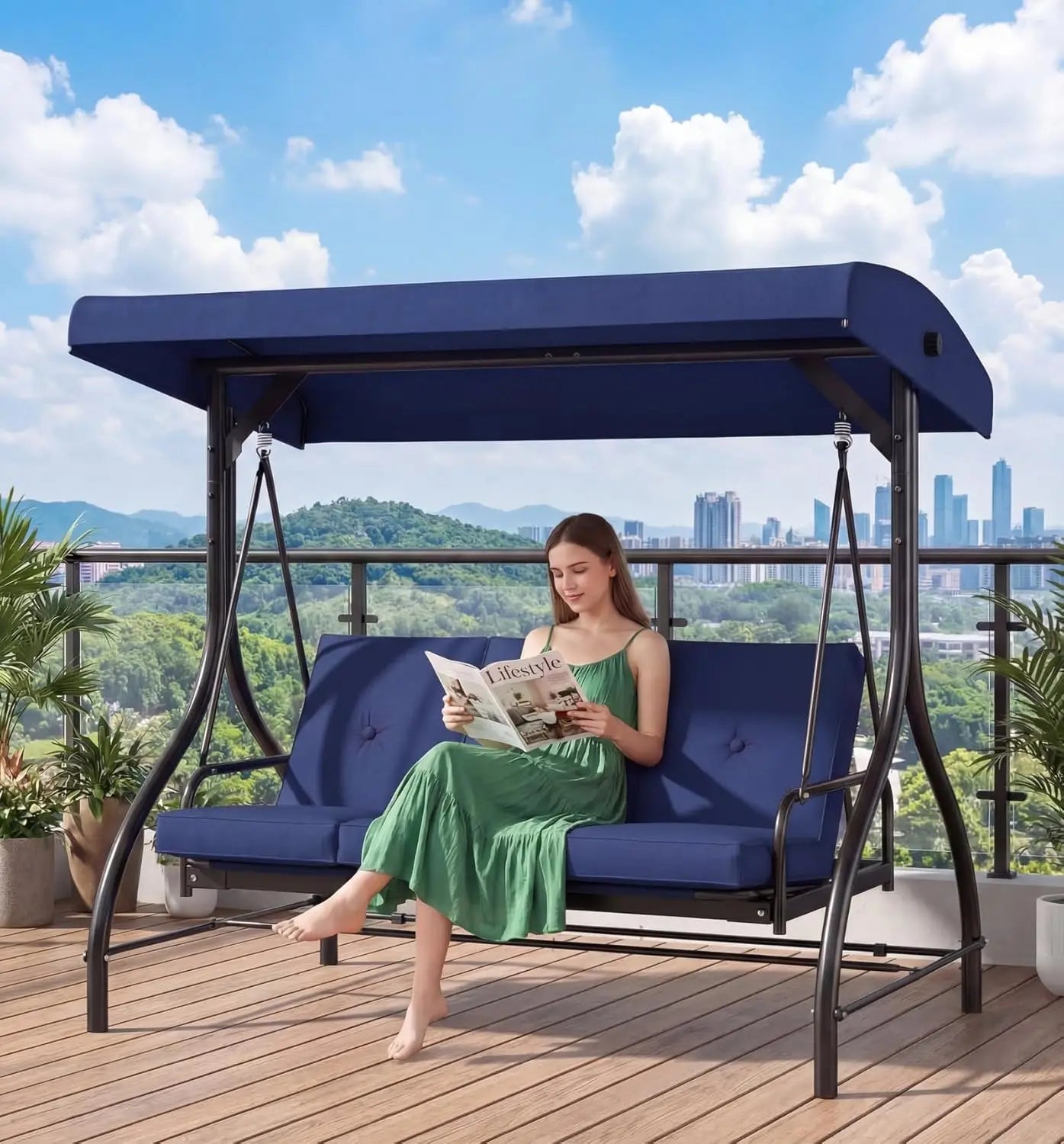 3-Seat Patio Swing with Adjustable Canopy & Backrest, Outdoor Porch Swing Chair for Adults