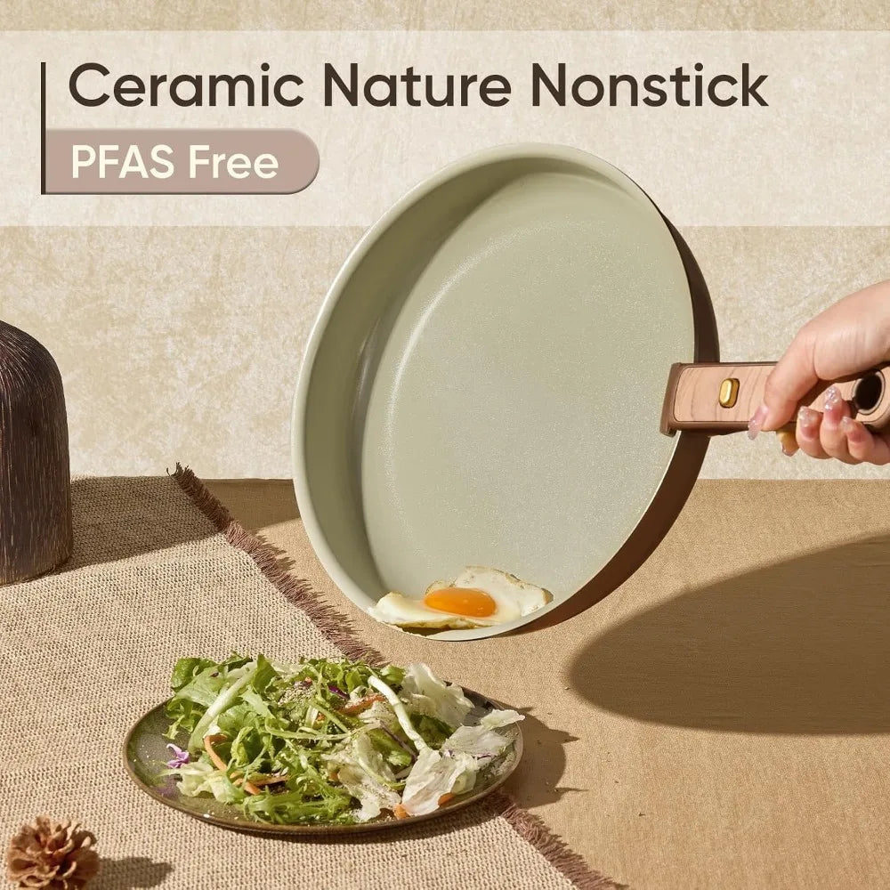 Nonstick Ceramic Cookware Set 19 Pcs, Detachable Handle, Induction & Oven Safe, PFAS Free, Pistachio Green