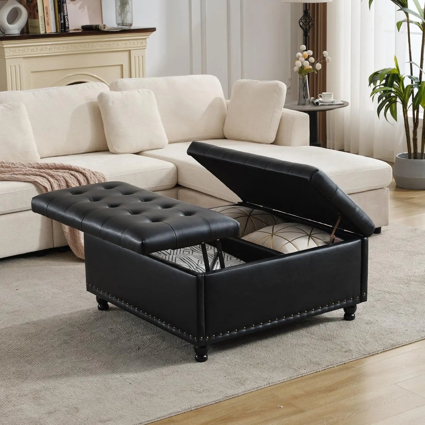 Large Square Storage Ottoman Tufted Upholstered Coffee Table Lift Top Wooden Legs Oversized Toy Box Living Room, Customized