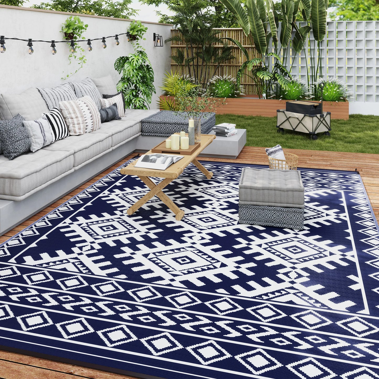 Outdoor Rug, 9' x 12' Floor Mat, Blue White Rhombus Border