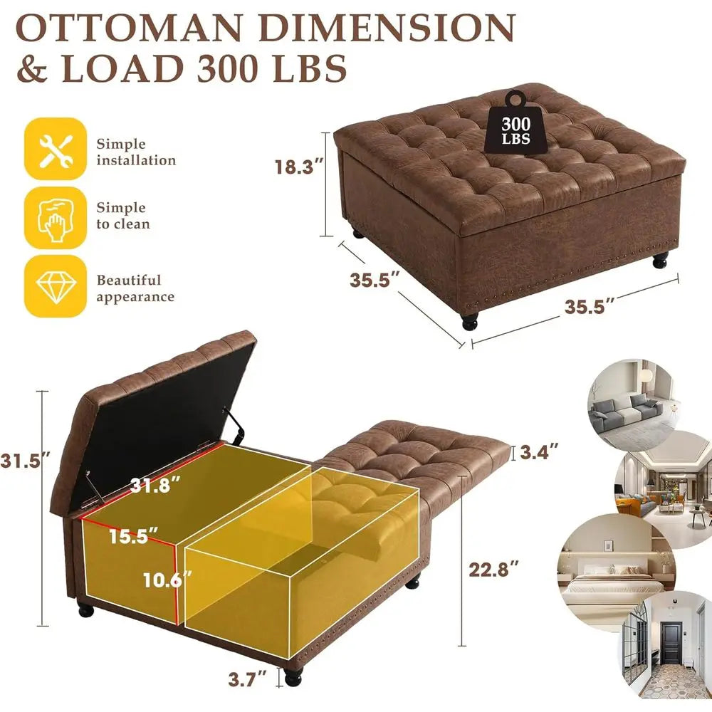 Large 36 Square Ottoman with Storage, Tufted Upholstered Top, Solid Wood Legs, Ideal for Bedroom or Living Room (Brown)