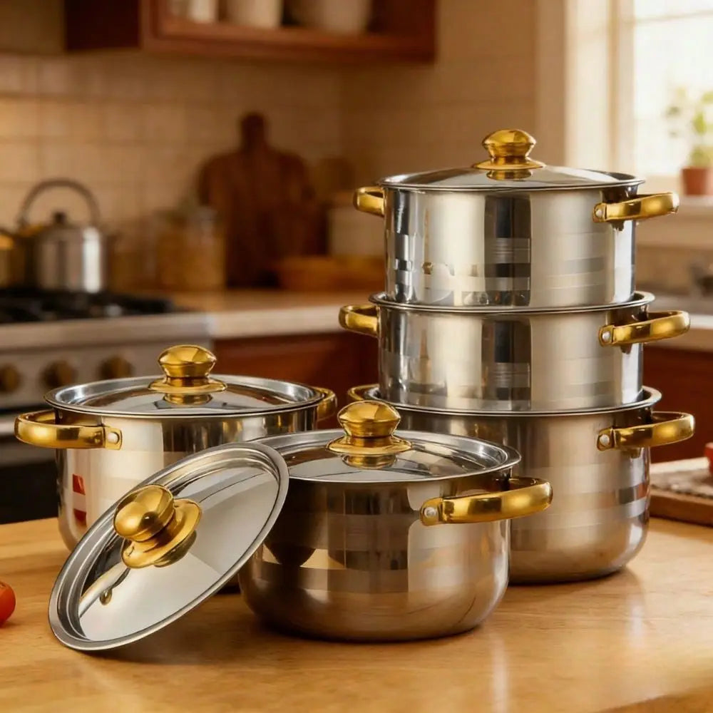 10Piece Stainless Steel Cookware Set 5 Pots With Lids, Multiple Sizes, Deep Stock Pot For Soup, Pasta, Noodles Seafood, Durable