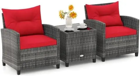 Patio Furniture, 3 Pieces Outdoor Wicker Conversation Set Chairs with Soft Cushions and Glass Coffee Table, Rattan