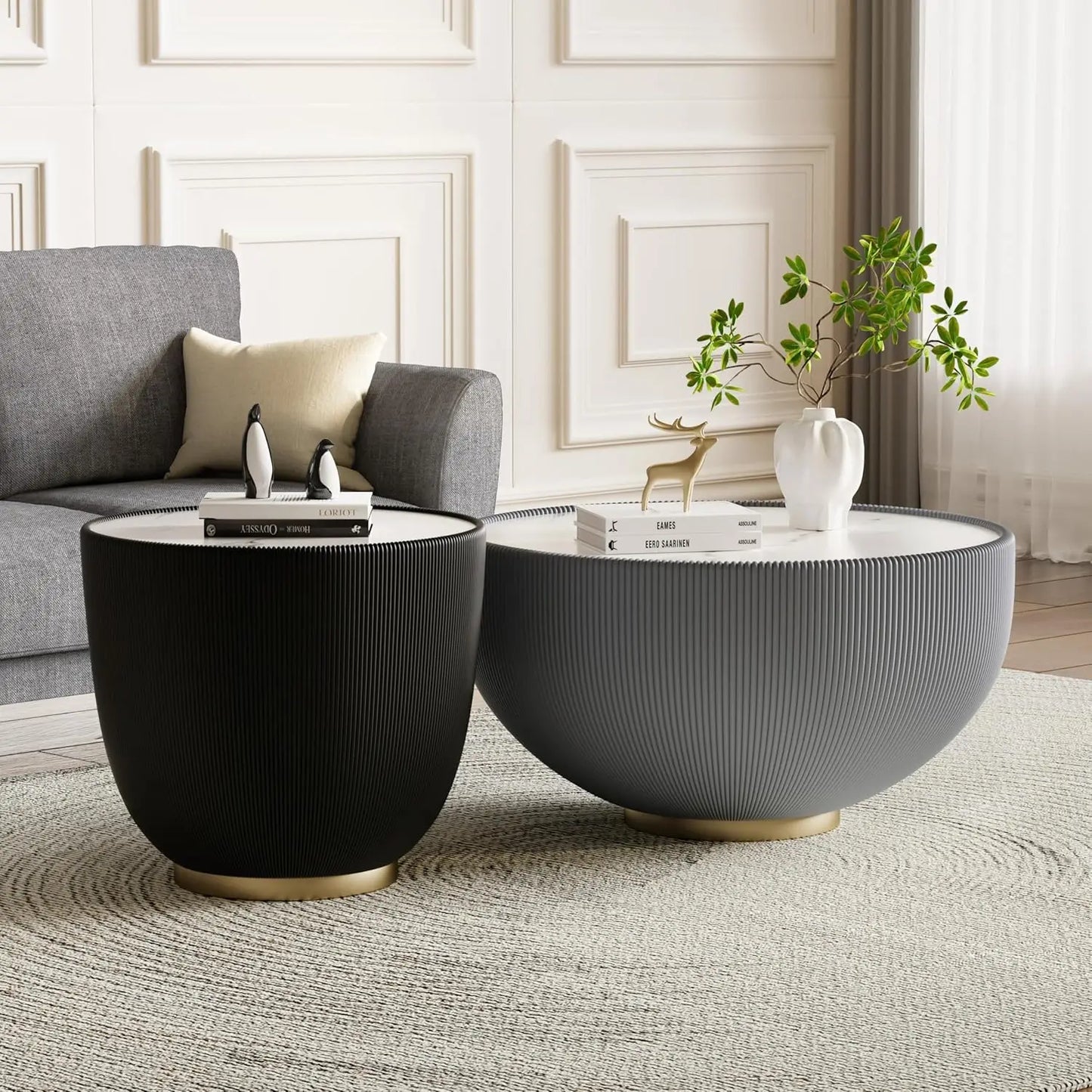 Round Grey 2-Piece Coffee Table Set 29.5in & 17.7in Sintered Stone Top Fluted PU Leather Base Living Room, Customized