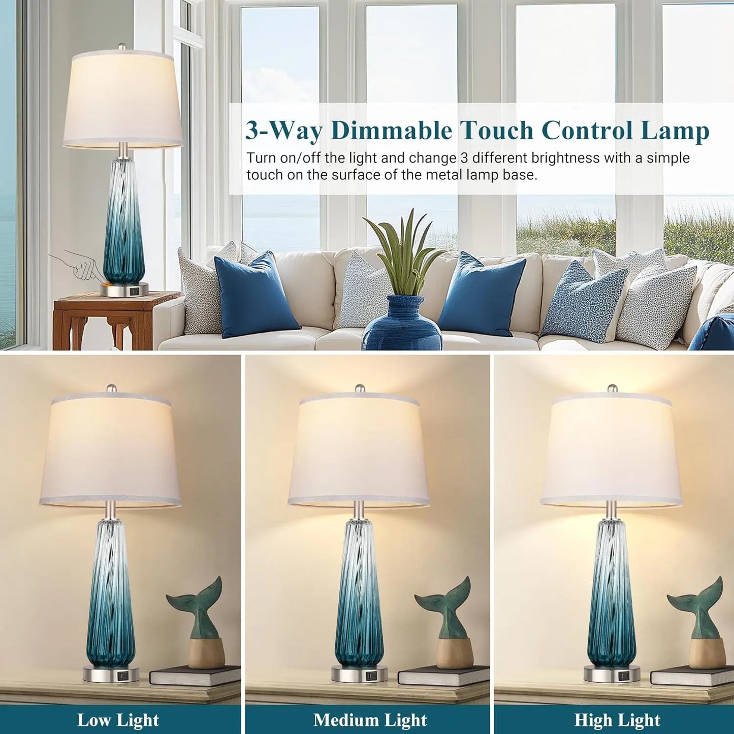 Touch Control Glass Table Lamps Set of 2 with USB A+C Ports, 3-Way Dimmable Nightstand Lamps with White Fabric Shade for Living