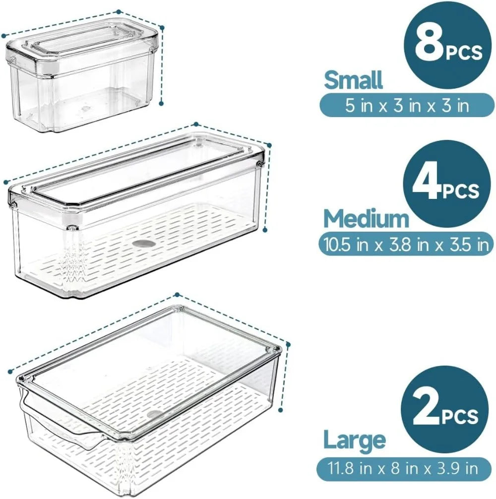 14 Pack Fridge Organizers with Lids, BPA-Free Clear Storage Bins for Vegetables, Fruits, Drinks, Cereals - 3 Sizes Stackable