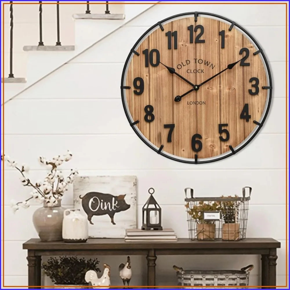 24 Inch Rustic Farmhouse Wall Clock, Silent Battery Operated, Large Numerals, Wood & Metal, for Living Room, Kitchen, Office