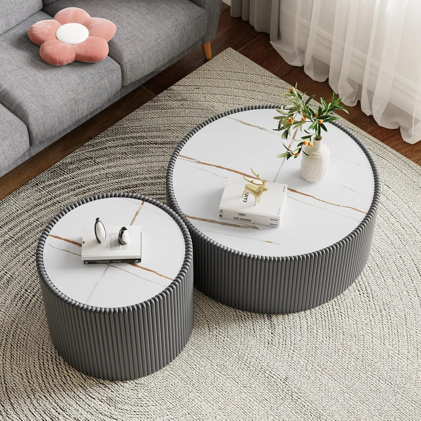 Round Grey 2-Piece Coffee Table Set 29.5in & 17.7in Sintered Stone Top Fluted PU Leather Base Living Room, Customized