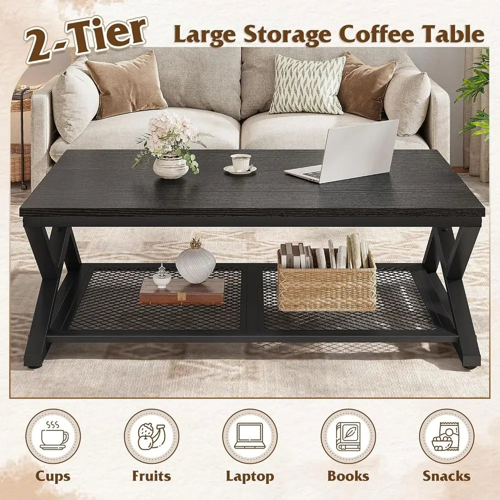 Black Oak 39.4 2-Tier Coffee Table with Storage for Living Room and Bedroom