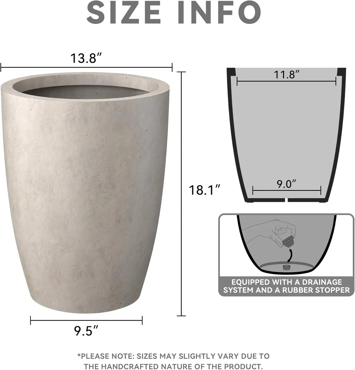 18.1" Tall Round Concrete Planter with Drainage Hole & Rubber Plug for Indoor Outdoor Modern Home Garden Decor