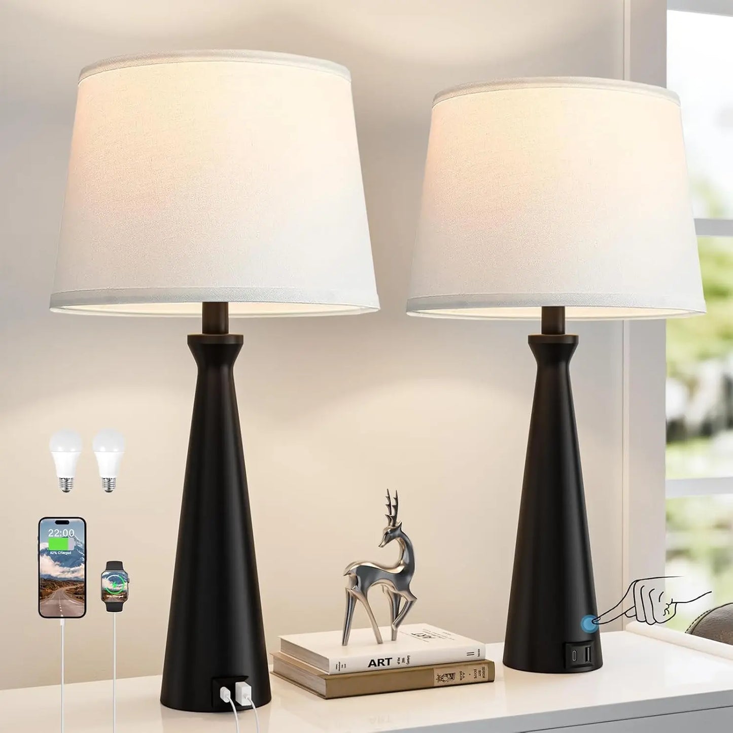 Modern Table Lamps Set of 2 - Touch Bedside Lamp with Dual USB C+A, 3-Way Dimmable Nightstand Lamps for Living Room Bedroom End
