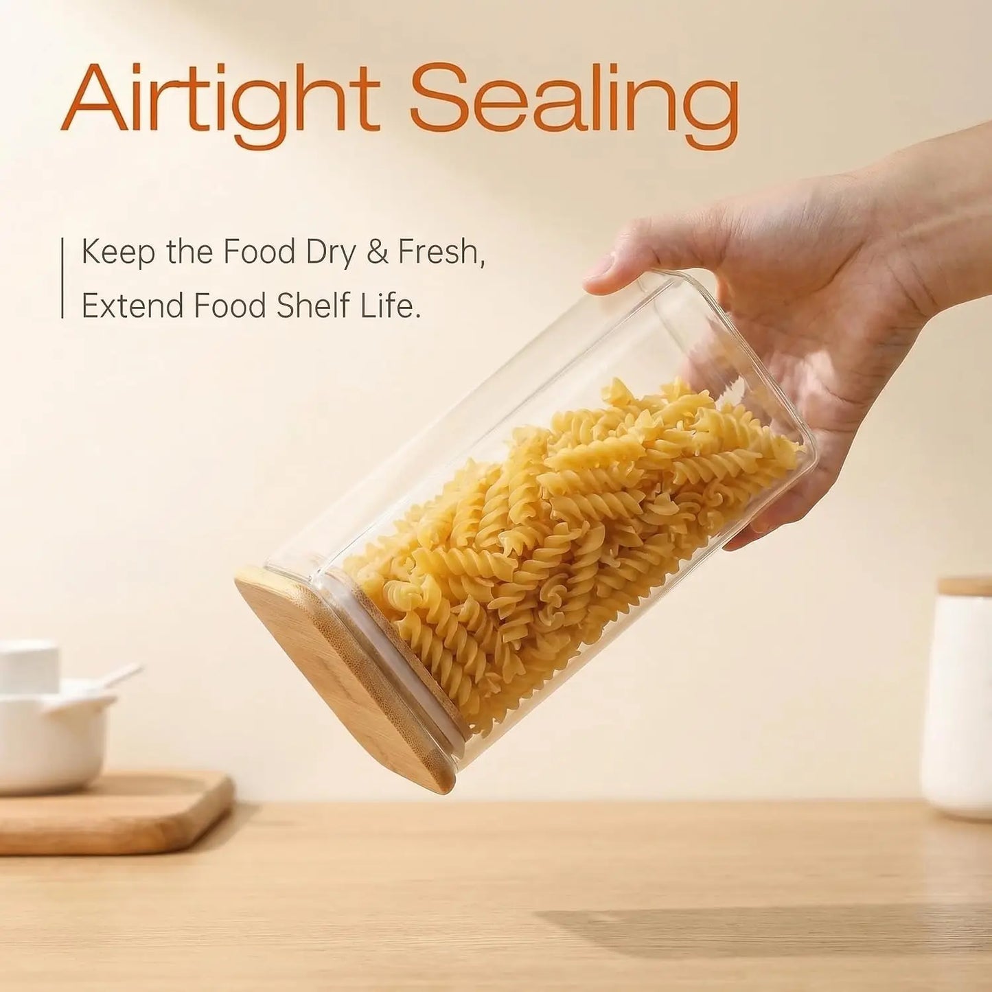 3 Pack Square Glass Jars with Bamboo Lids for Kitchen Pantry Storage Cereal Pasta Rice