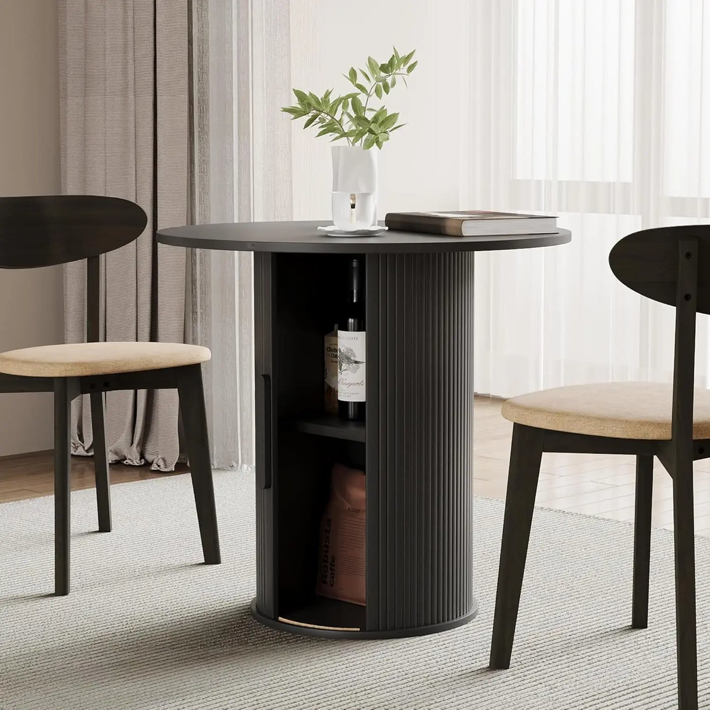 43"-59" Extendable Round to Oval Dining Table with Hidden Storage, Modern Wooden Kitchen Table with Fluted Sliding Door, Custom