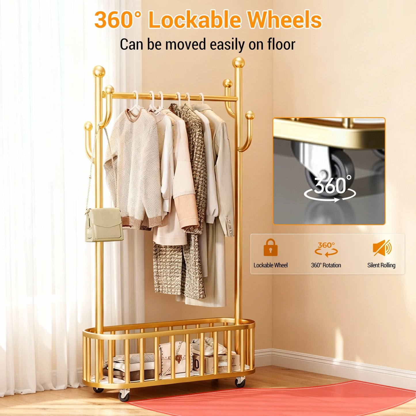 Clothes Rail Movable Clothes Hanging Coat Rack with Storage Basket for Hanging Clothes Coats Dresses for Bedroom Closet Laundry
