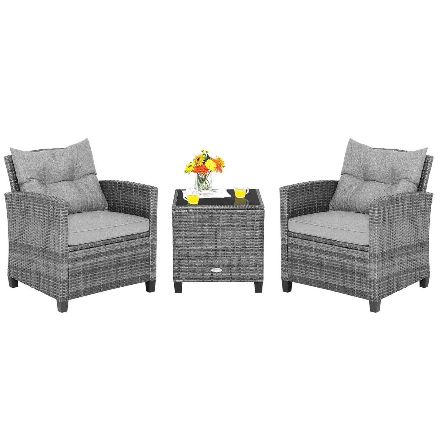 3 Pieces Patio Furniture Set, Outdoor PE Rattan Conversation Chair Set with Tempered Glass Side Table, Customized