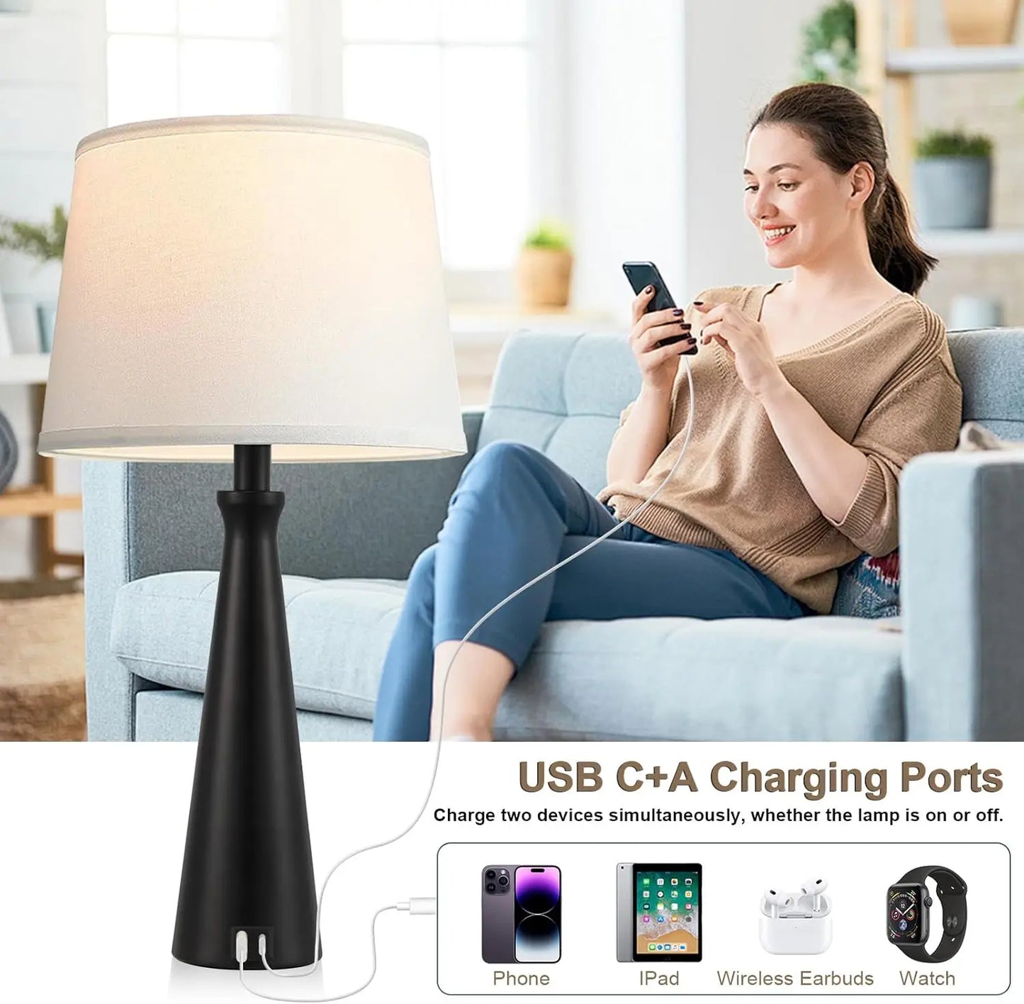 Modern Table Lamps Set of 2 - Touch Bedside Lamp with Dual USB C+A, 3-Way Dimmable Nightstand Lamps for Living Room Bedroom End