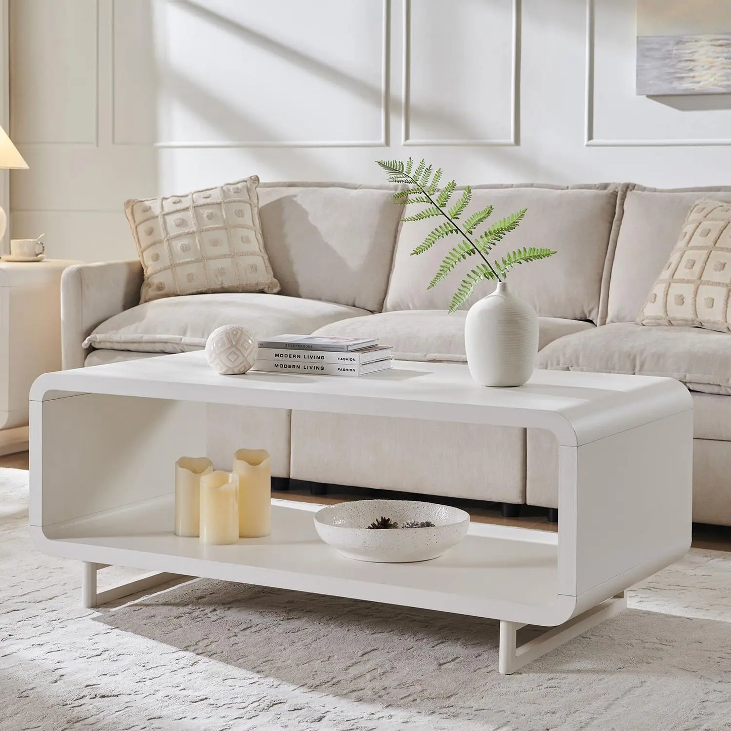 48" Modern Coffee Table, 2-Tier Minimalist Center Table with Storage Shelf, Curved Profile Design, Wooden, Customized