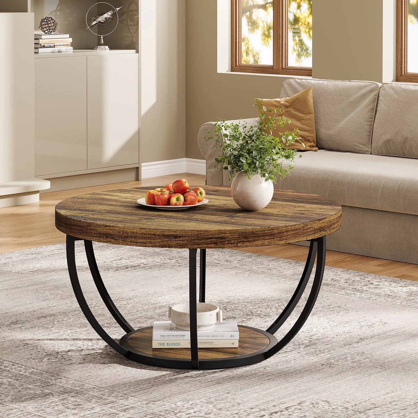 31.7" Round Coffee Table, Industrial 2-Tier Circle Coffee Table with Storage Shelves, Modern Wooden Sofa Side Table