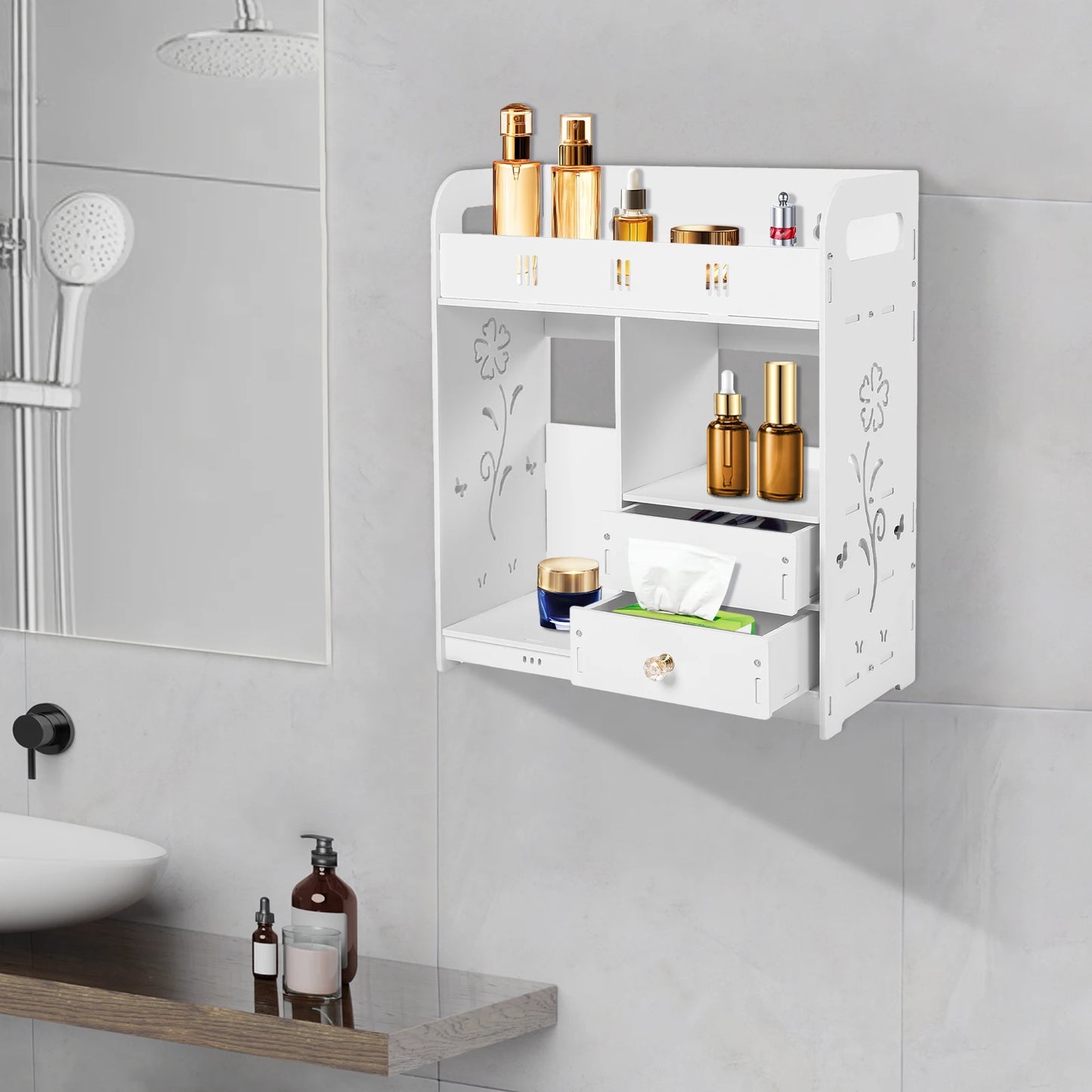 Wall Cabinet for Bathroom, White Space Saving Wall-Mounted Storage, 2 Drawers, 2 Closed Compartments, Top Shelf Organizer