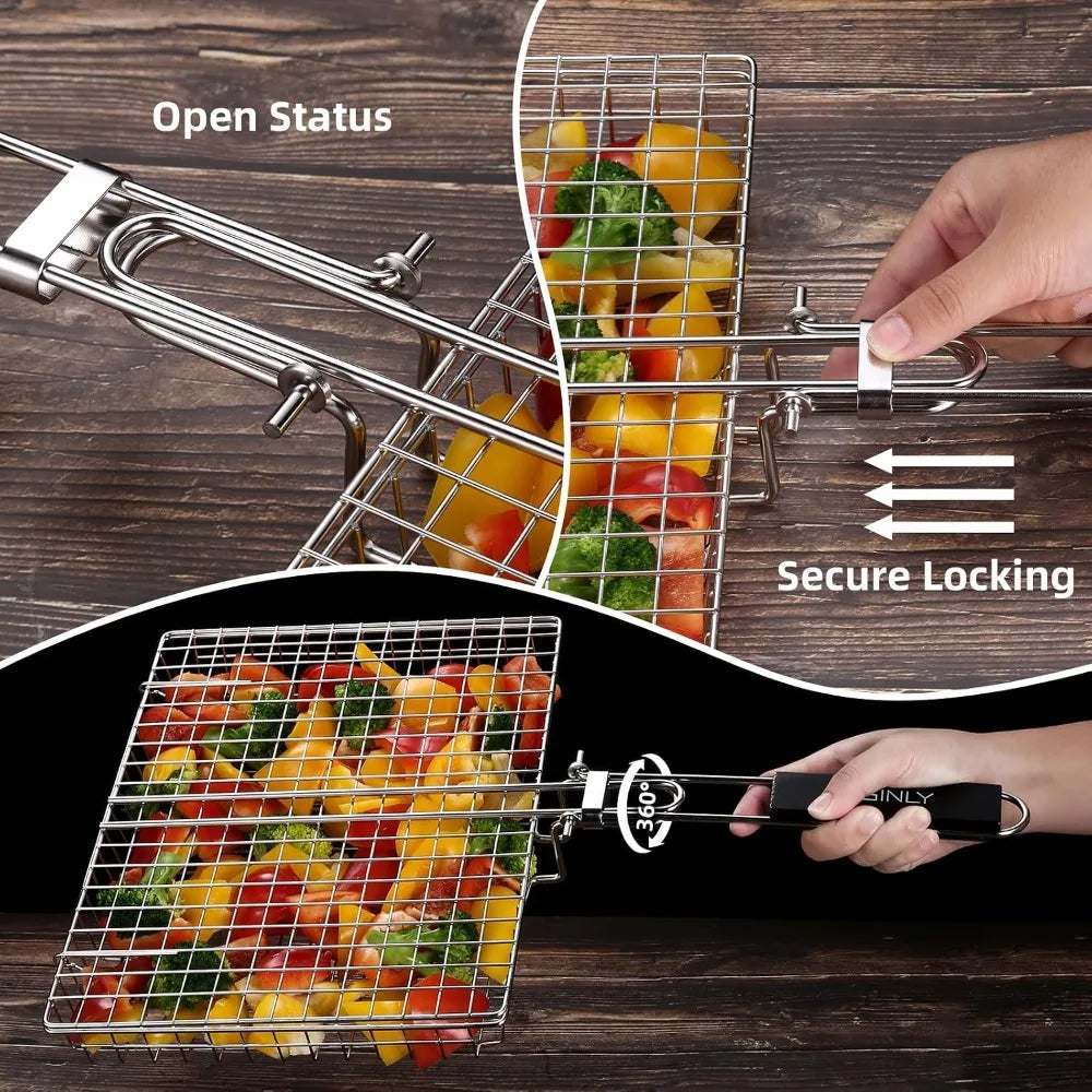 Portable Grill Basket, BBQ Grilling Basket with Removable Handle, Stainless Steel Camping Cooking Accessories for Chicken Fish Vegetable