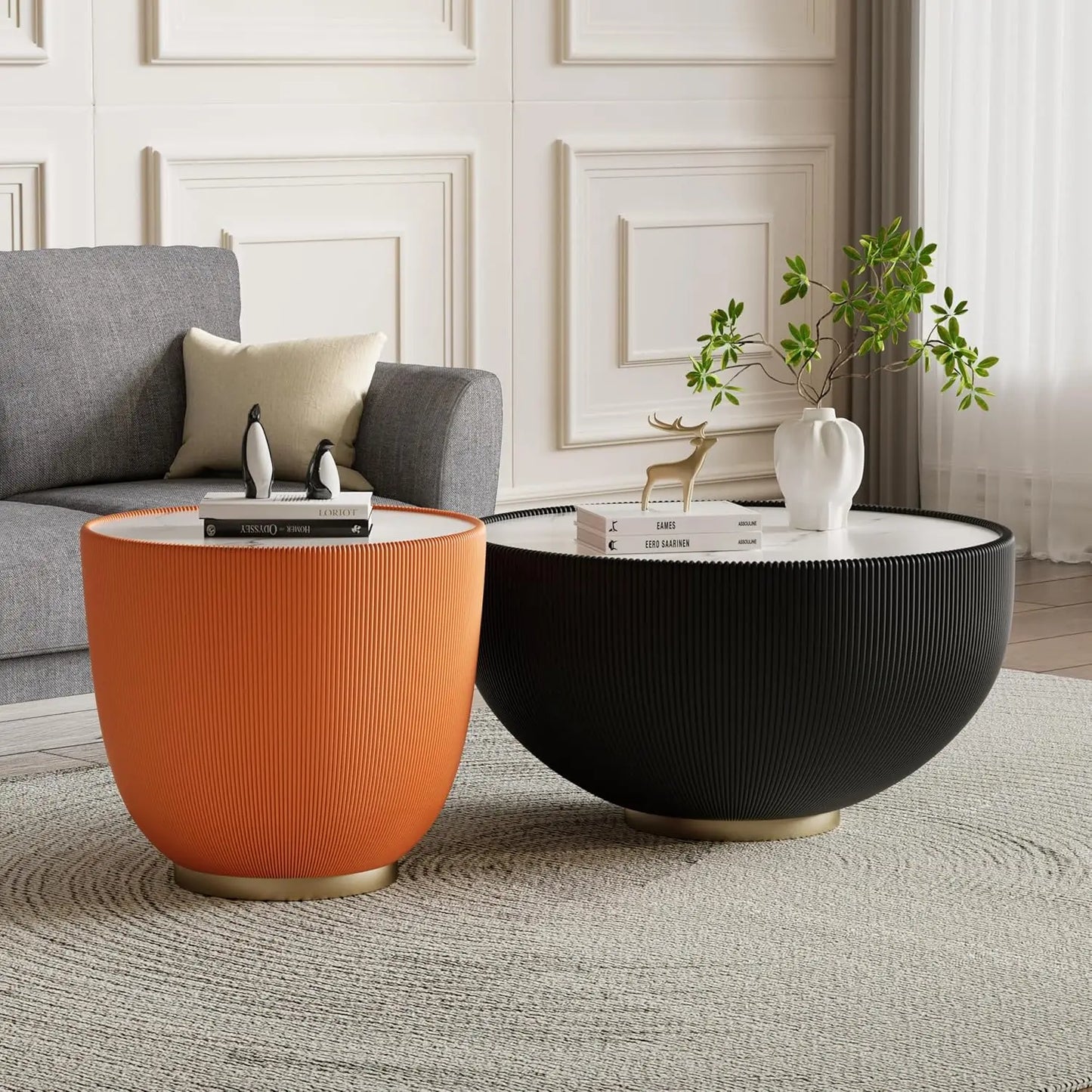 Round Grey 2-Piece Coffee Table Set 29.5in & 17.7in Sintered Stone Top Fluted PU Leather Base Living Room, Customized