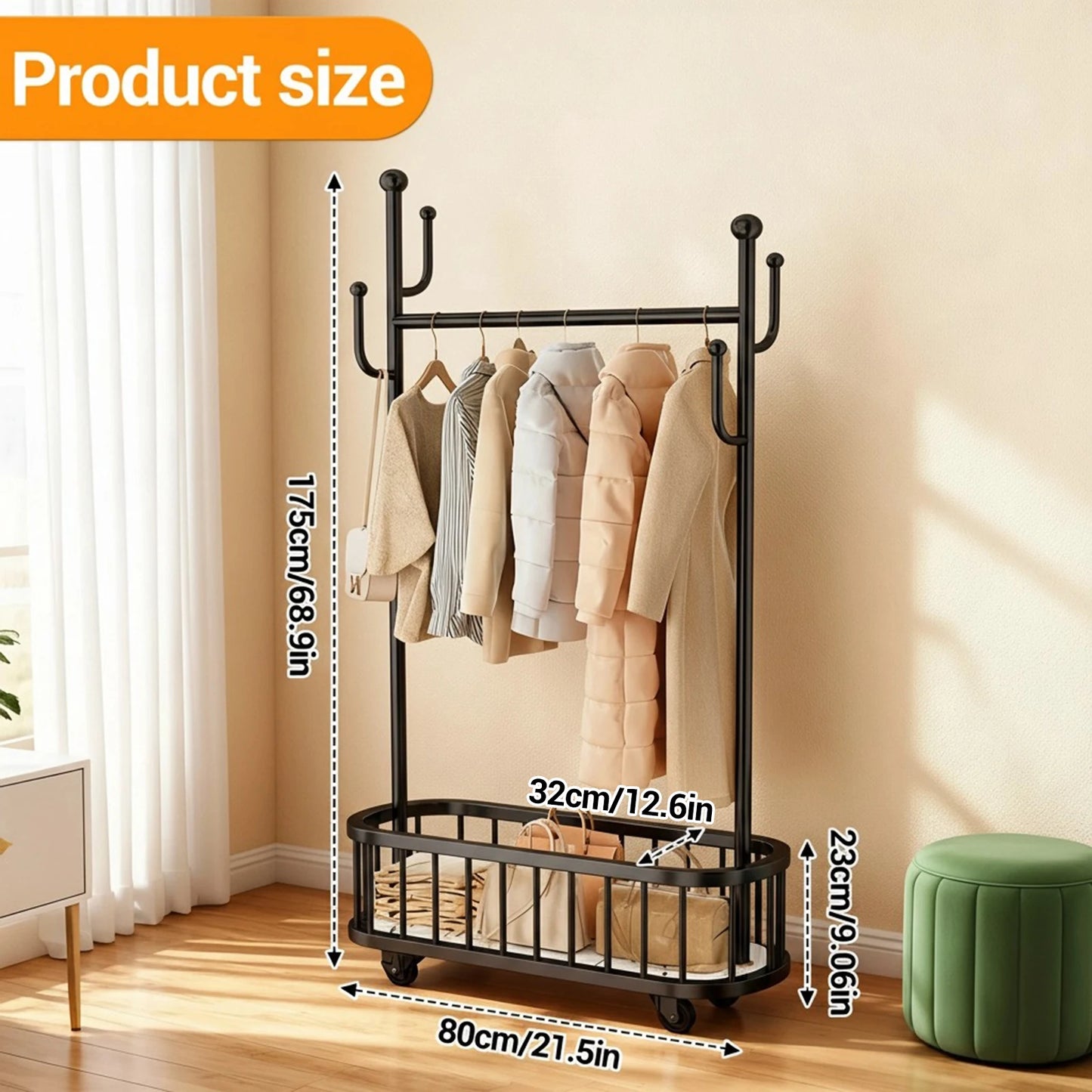 Clothes Rail Movable Clothes Hanging Coat Rack with Storage Basket for Hanging Clothes Coats Dresses for Bedroom Closet Laundry