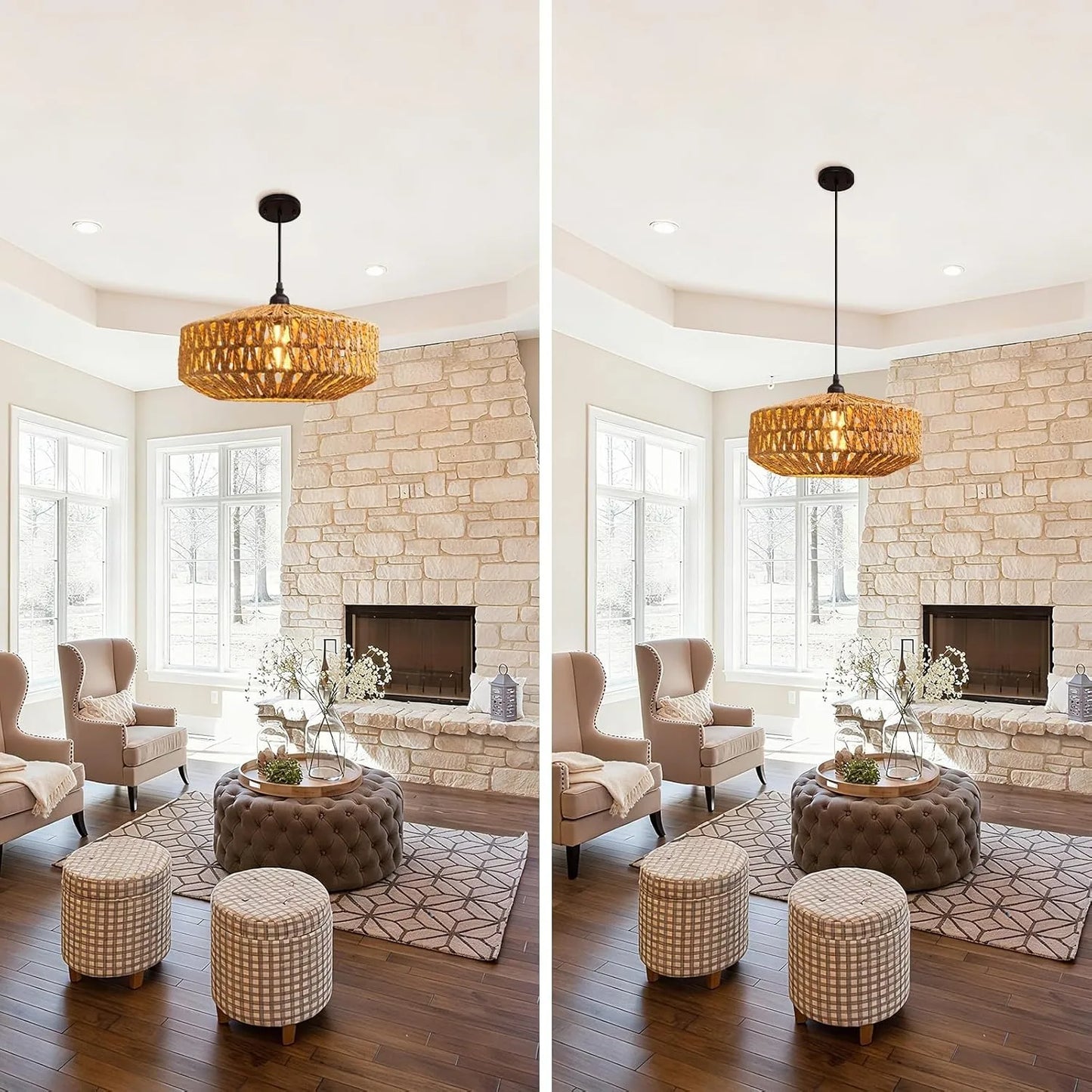 Natural Rattan Chandelier Small Paper Rope Pendant Light E26/E27 Ceiling Lamp Dining Living Room Bedroom Kitchen Island