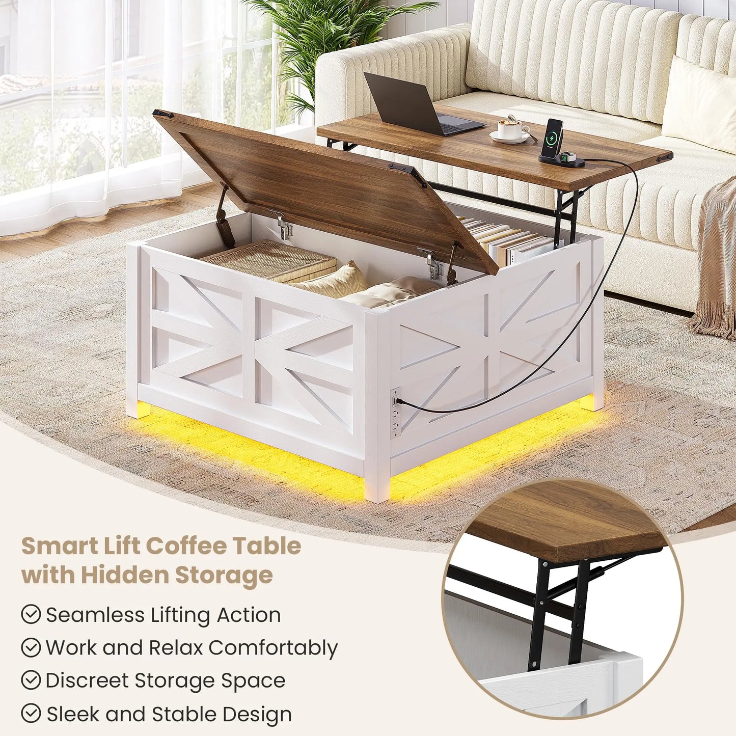 White Farmhouse Lift-Top Coffee Table With Storage Compartment, Built-In Outlet, And Adjustable Height Surface
