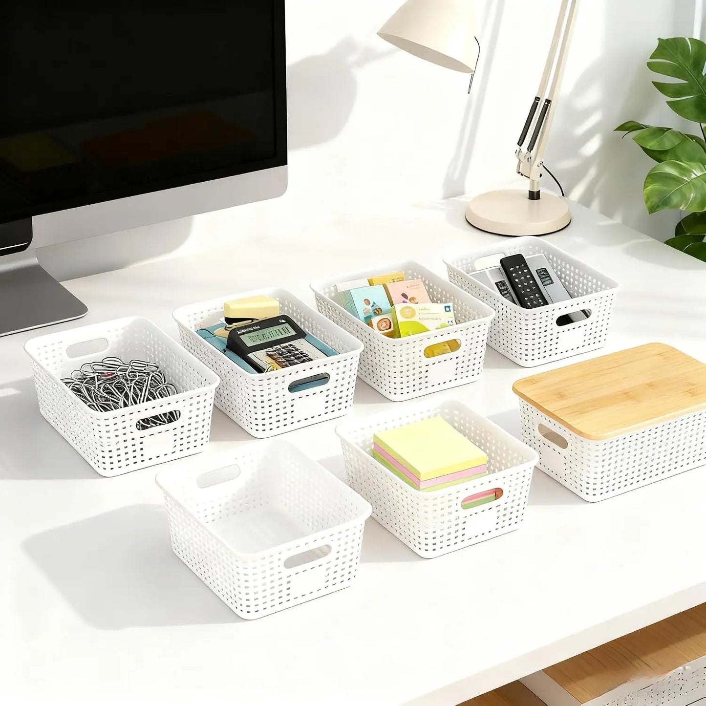 6Pcs Storage Bins with Lids, Stackable Plastic Basket with Bamboo Lid, Pantry Organizer for Shelves Drawer Desktop Closet