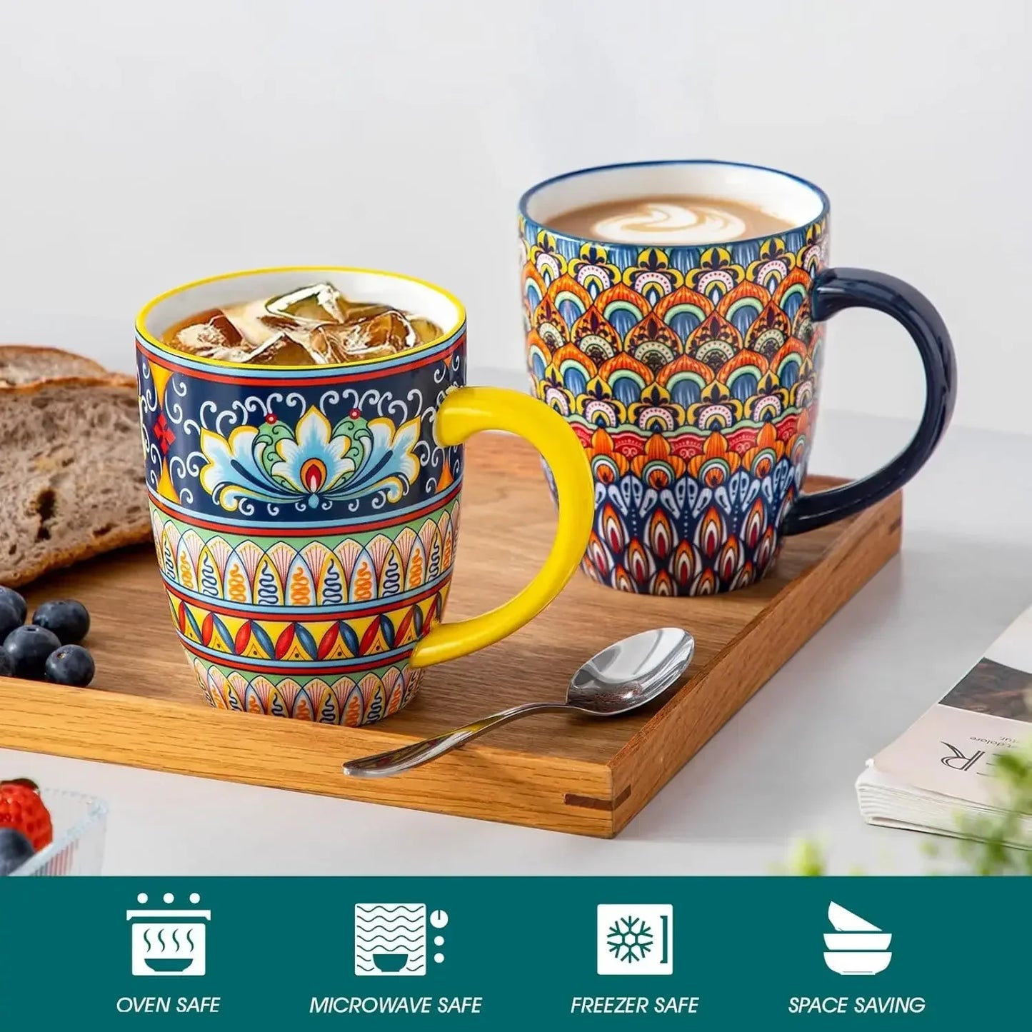 16 oz Coffee Mugs Set of 6, Large Ceramic Mug with Handle, Boho Coffee Cups for Latte, Cappuccino & Hot Chocolate, Dishwasher &