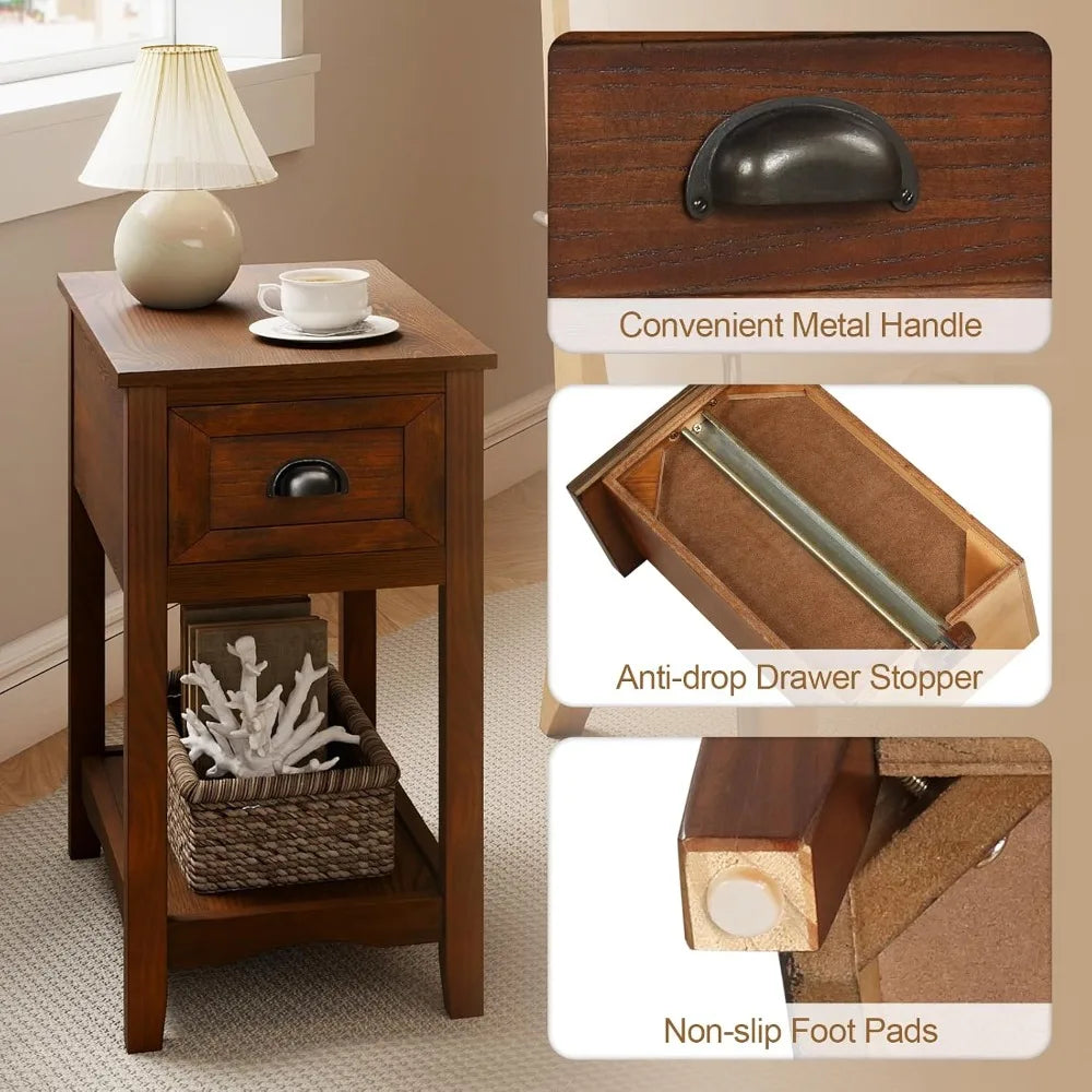 Retro Narrow End Table Set of 2, Solid Wood Nightstand with Drawer & Storage Shelf Bedroom Bedside Table, Custom
