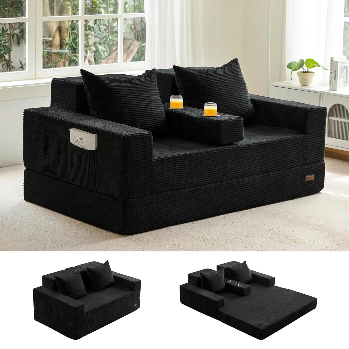 64in Foldable Loveseat Sofa Bed 4-in-1 Recliner Sleeper w 2 Cup Holders Floor Couch Living Room No Assembly Green Customized