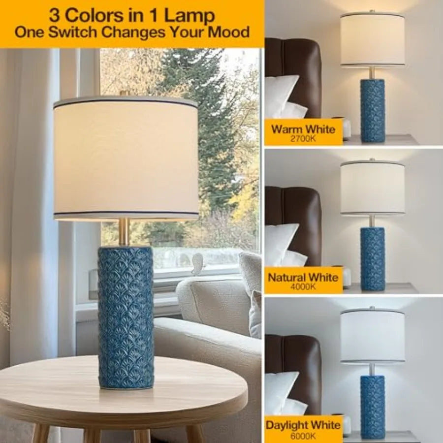 Farmhouse Bedside Table Lamp Set of 2, Modern Ceramic Lamps for Living Room, 3 Color Temperature Rustic Table Lamps for Bedroom